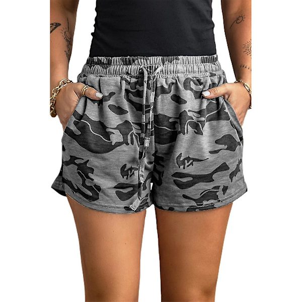 Elastiska sportshorts för dam med dragsko, sommar, vardagliga camo-shorts med fickor Light Grey M