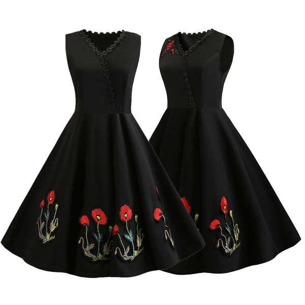 Broderet V-udskåret vintage 50'er 60'er Rockabilly Aften Prom Swing Kjole Midikjoler M