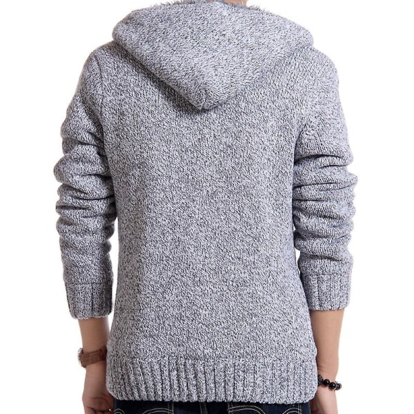 Män stickad fleecefodrad vinter thermal tröja jacka huva ytterkläder Light Grey 2XL