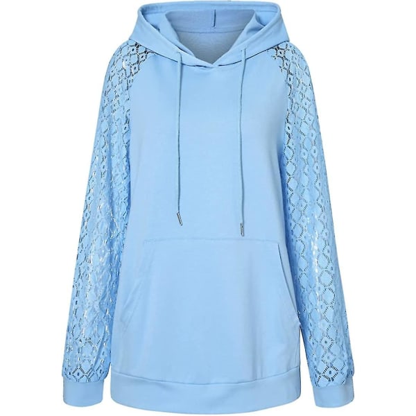 Damtröjor Spets Patchwork Långärmad Huvtröja Casual Fashion Tunika Pullover Stylish Elegant Sweatshirt Dragsko Jumper Toppar Med Ficka Blue L