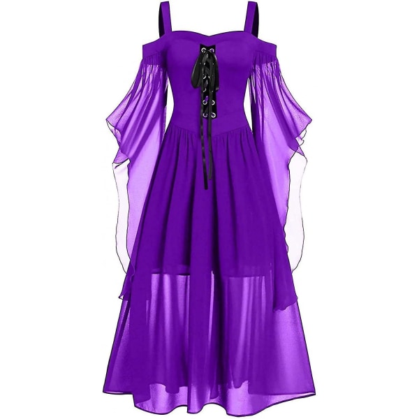 Maxiklänning med fjärilsärm för kvinnor medeltida punk gotiska kläder Sexig halloweenkostym Kallaxelkorsettklänningar B-purple Small