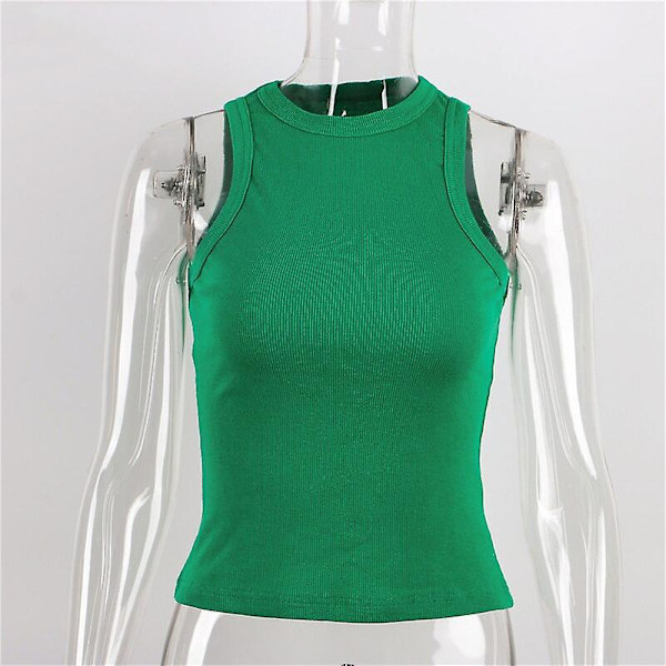 Strikket sommer ribbestrikket ermeløs T-skjorte topp klubb cropped tanktopp mote khaki M