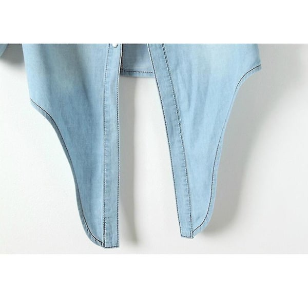 Dame Mode Casual 3/4 Ærme Knap Crop Jean Top Knude Slips Denim Skjorte Jakke Sky Blue XXL