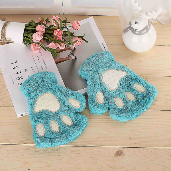 Kattflicka öppna finger katt tass varma handskar förtjockade fluff handformad borste halvfingerhandskar Cyan Average size
