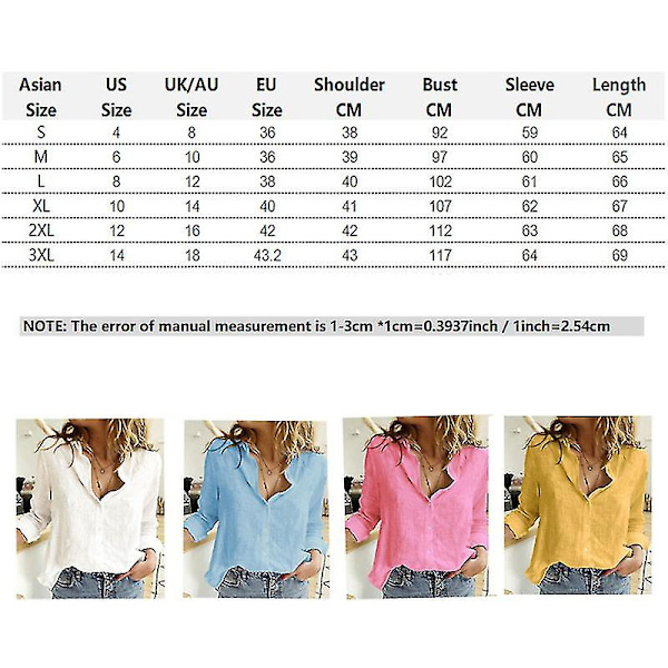 Dam V-ringad T-shirt Långärmad Knäppning Blusar Toppar Yellow M