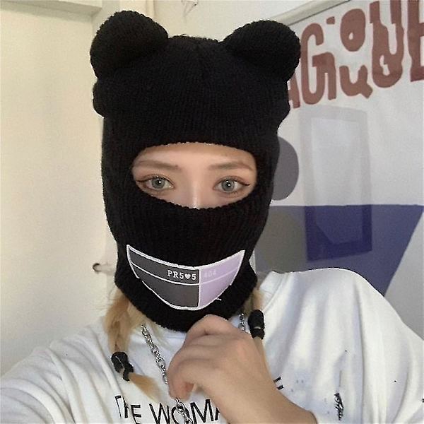 Søt Heldekkende Skimaske Lue med Bjørneøre Balaklava Strikkede Luer Vindtett Skullies Beanies Bonnet Vinter Varm Unisex Caps black