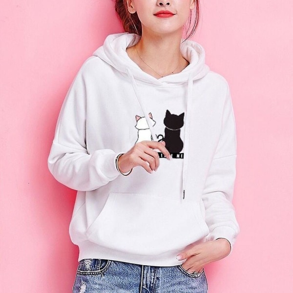 Dame Fleeceforet Hættetrøje med Katteprint, Afslappet Løs Varm Vinter Hættetrøje med Snøre, Pullover Toppe White L