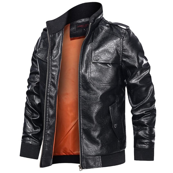 Män Faux Leather Motorcykel Zip Jacket Military Biker Coat Ytterkläder Black L