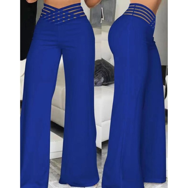 Dame Bell Bottom Lange Bukser Udskåret Kryds Højtaljede Bukser Med Brede Ben Til Afslappet Brug Forretningsmøde The Cowboy Blue 2XL