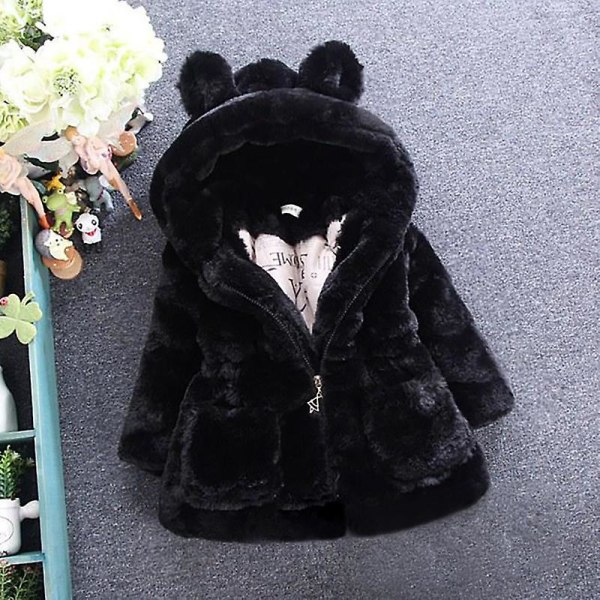 Jenter Vinter Myk Fuskepels Hettejakke Fleece Tykk Varm Jakke Yttertøy Black 2-3 Years