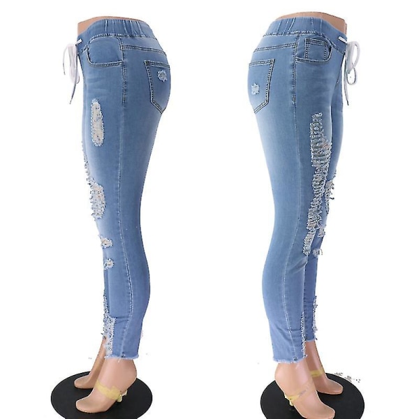 Slitna skinny-jeans för kvinnor med casual stretch-byxor Smal förstörd jean med hål light blue 2XL
