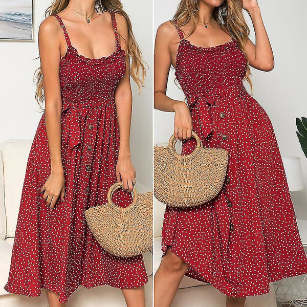 Dam Sommar Prickig Midi Klänning Semester Bälte Strand Gunga Lös Sundress Red L