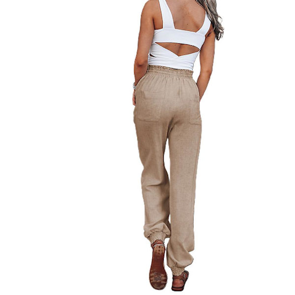 Dam Enfärgad Elastisk Midja Dragsko Joggers Snörning Långbyxor Casual Byxor Khaki M