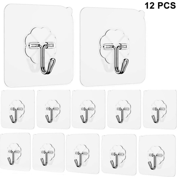 12-pack självhäftande krokar, kraftiga väggkrokar, starka självhäftande krokar Transparent