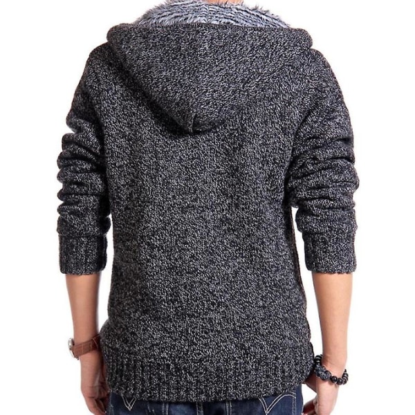 Män stickad fleecefodrad vinter thermal tröja jacka huva ytterkläder Dark Grey 2XL