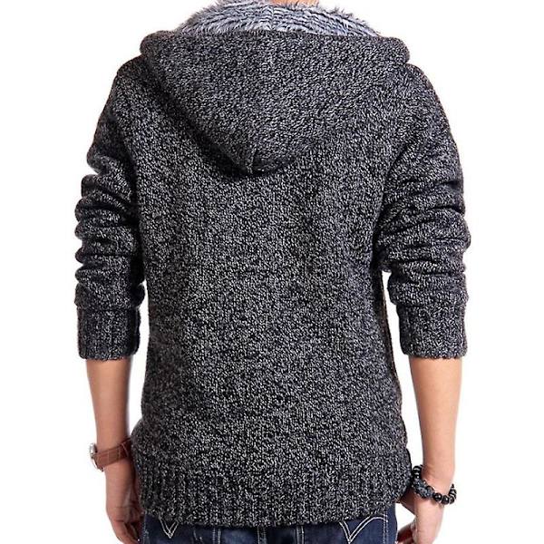 Stickad fleecefodrad termisk vintertröja för män Jacka med huva ytterkläder Dark Grey L