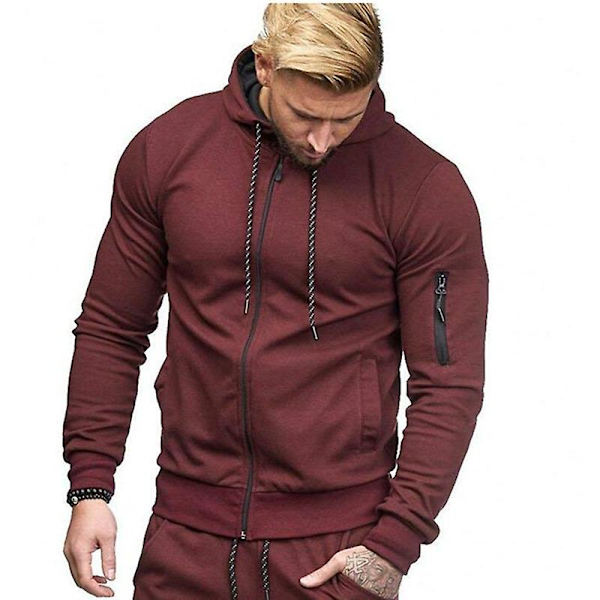 Herre Hættetrøje Lynlås Hættetrøje Vinter Sport Jogging Trøjer Toppe Wine Red L