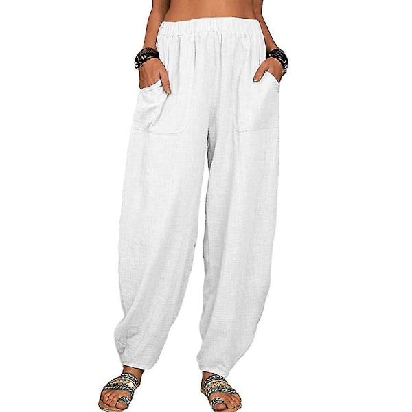 Dame Bomuld Linned Look Løse Bredbenede Bukser Casual Yoga Harem Bukser Sommer Strand White L
