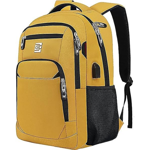 Kannettavan tietokoneen reppu, liikematka varkaudenesto ohut kestävä kannettavan tietokoneen reppu USB-latausportilla, vettähylkivä college-tietokonelaukku naisille ja miehille F yellow
