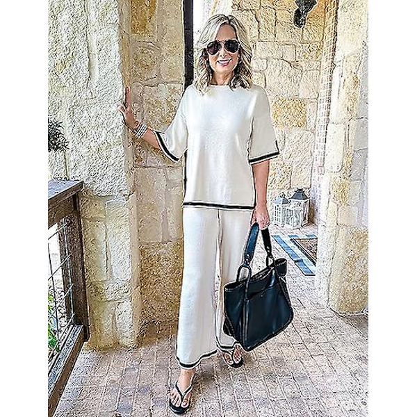 Fashion Kostym Färgkontrast Split Kortärmad Stickad + Högmidjade Slankande Vida Byxor Tvådelad Set Apricot M