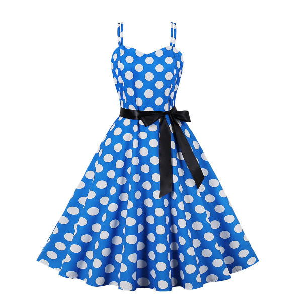 Elegant afslappet damekjole, retro cocktailkjole, sommerkjole med spaghettistropper til feriebrug Blue background white dots 2XL