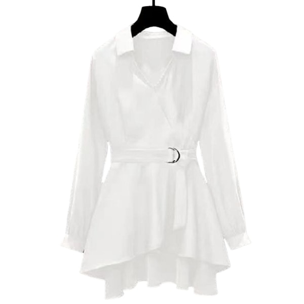 Damkrage asymmetrisk fållskjorta koreansk stil fint bälte V-ringad Casual toppar som passar för vänners samlingskläder White Long Sleeve 3XL