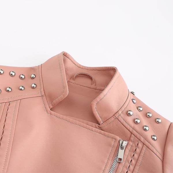 Dam Slim Fit Enfärgad Dubbad Shoulder Zip Kort läderjacka Pink XL