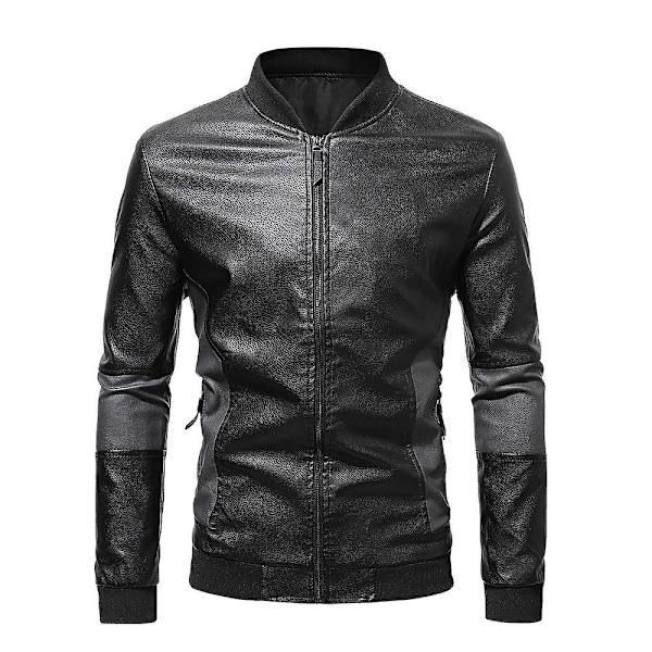 Herr Patchwork Ståkrage Läder Bikerjacka Slim Fit Casual Dragkedja Kappa Ytterkläder Black 1XL