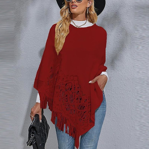 Dame Langærmet Poncho Sweater Casual Arbejds Pullover Cape Vinter Varm Strikket Kappe Red M