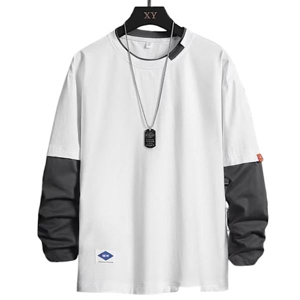 Miesten pyöreäkauluksinen pusero, kontrastivärinen, pitkähihainen T-paita rentoon päivittäiseen käyttöön, juhliin ja kouluun 352 White 2XL