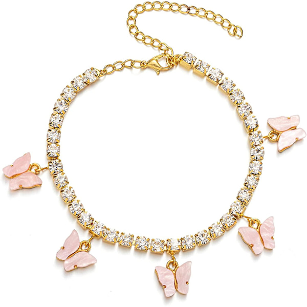 Sommerfugle ankelkæde til kvinder og teenagere, 18k guld / hvidguld belagt rhinestone indlagt kæde tennis ankelarmbånd med forlængelse hvid - Gold-pink 5 x 5 x 0.5 inches