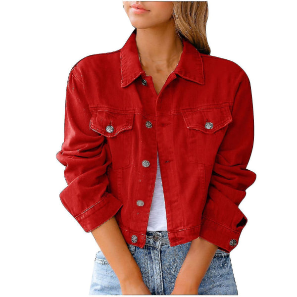 Dam Solid Jeansjacka Långärmad Ming Kofta Kostym Ficka Kappa Topp Red S