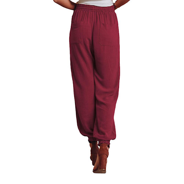 Dame Ensfarvede Joggingbukser med Elastisk Talje, Snøre og Snørebånd, Lange Afslappede Bukser Wine Red M
