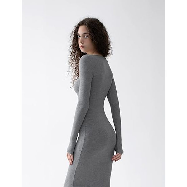 Kvinders firkantet hals langærmet maxikjole blød lounge ribstrikket bodycon kjole til kvinder Stone XS Stone xs
