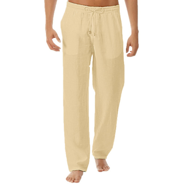 Herrbyxor i bomull och linne, avslappnade, med dragsko, strandbyxor, yogabyxor, lösa långbyxor Yellow XL