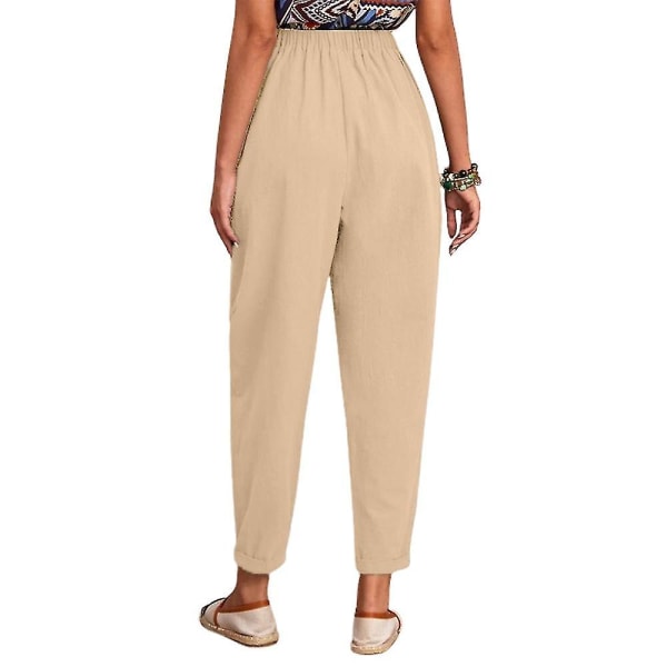 Cropped bukser med elastisk talje, løse, afslappede, lange, ensfarvede bukser Khaki M
