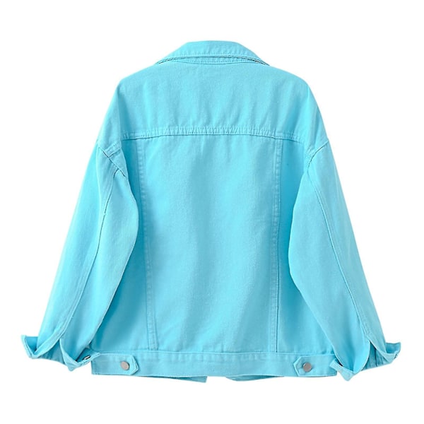 Dame Vår og Høst Jakker Varm Ensfarget Langermet Denimjakke Yttertøy Sky Blue XL