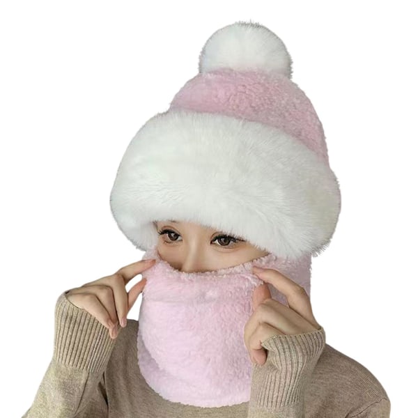 Talvipipo- ja huivisetti, erittäin lämmin paksu fleecevuorattu talvihattu ja kauluri kylmään säähän Pink