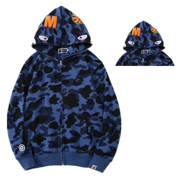 Hai-kuvioinen vetoketjullinen huppari rento pitkähihainen takki päällystakki Blue 2XL