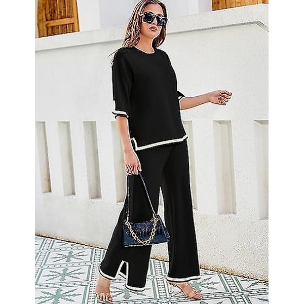 Fashion Suit Färgkontrast Split Kortärmad Stickad + Högmidjade Slankande Vida Byxor Tvådelad Set black M
