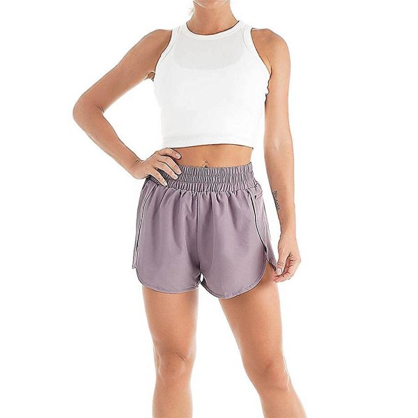 Kvinnor Elastisk midja Layered Yoga Shorts Sommar Casual Lösa Solid Sports Short Byxor Purple S