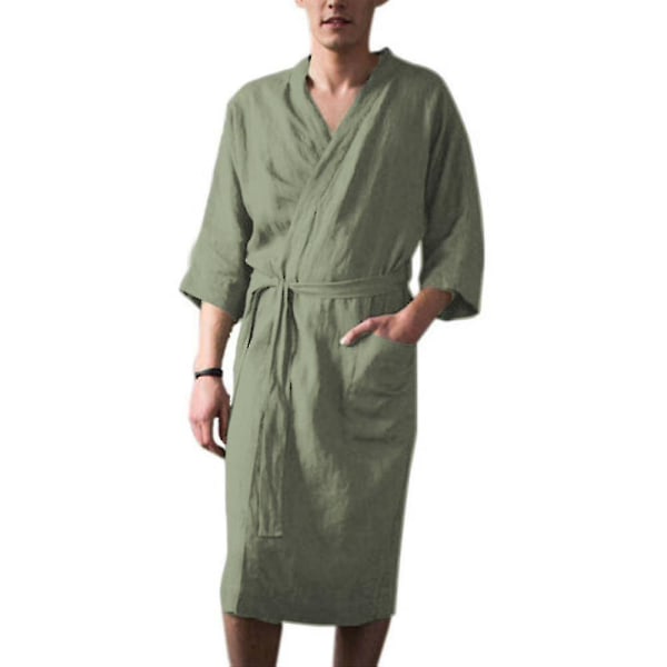 Badrock för män Bomull Linne Nattkläder 3/4 Ärm Sovplagg Badrock Morgonrock Green 2XL