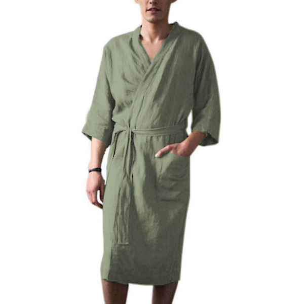 Miesten kylpytakki puuvilla pellava yöasu 3/4 hiha yöpaita kylpytakki aamutakki Green 2XL