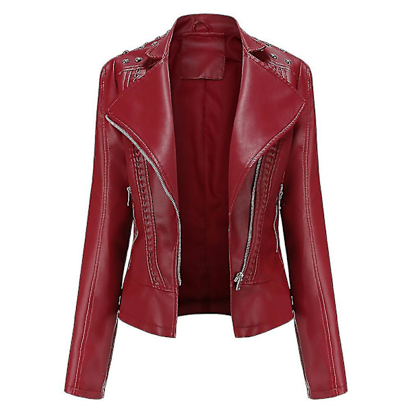 Dam Slim Fit Enfärgad Nitat Axel Dragkedja Kort Läderjacka Red XS