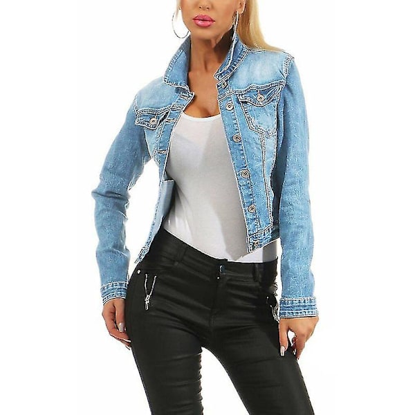 Dam Jacka i Jeans-look Casual Kappa Stretch Knäppning Ytterkläder Topp Light Blue M