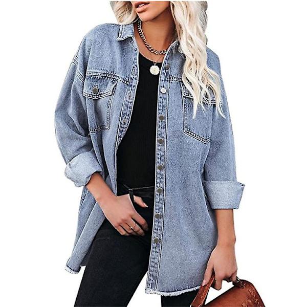 Oversized denimjakke for kvinner, avslappet lang boyfriend-modell, slitt jeansjakke, høst vår blue M