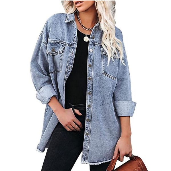 Oversized denimjakke for kvinner, avslappet lang boyfriend-modell, slitt jeansjakke, høst vår Light blue M