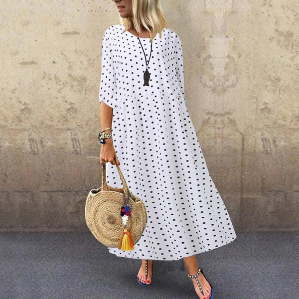 Kjoler til Kvinder O-hals Polka Prikker Trekvart Ærme Boheme Kjole Black 2XL