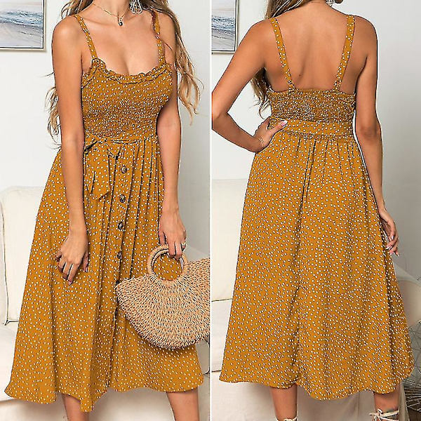 Dame Sommer Prikket Midi Kjole Ferie Bælte Strand Swing Løs Sommerkjole Yellow L