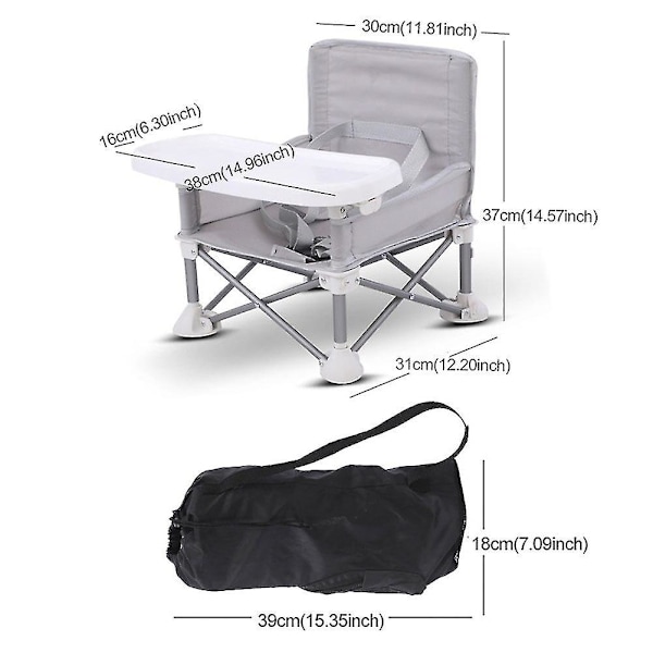 Barnestol med brett, bærbar sammenleggbar boosterstol, justerbar, avtakbar, camping, plen, barnebord, søt, robust Gray
